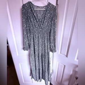 Green pink floral tiered smocked long sleeve women’s dress